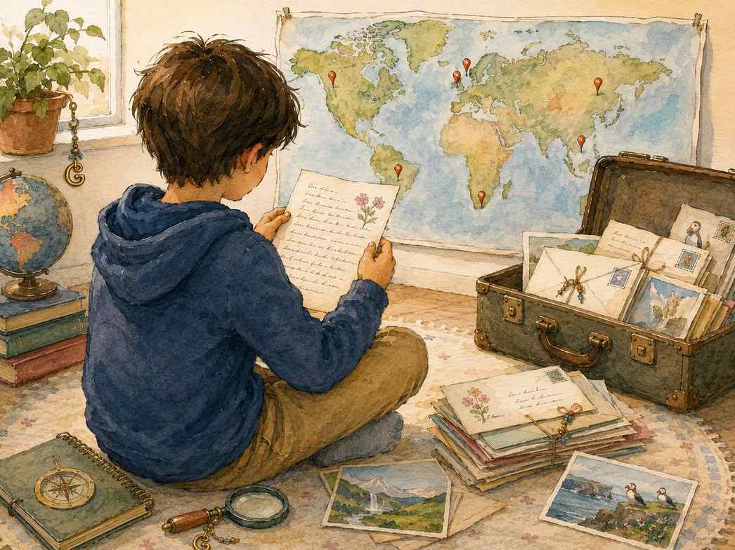 Boy reading a letter sitting in this room in front of a world map - Gina's Letters